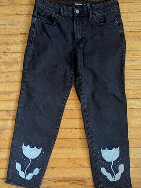 Upcycled Old Navy OG Straight Black Jeans with White Tulip Design
